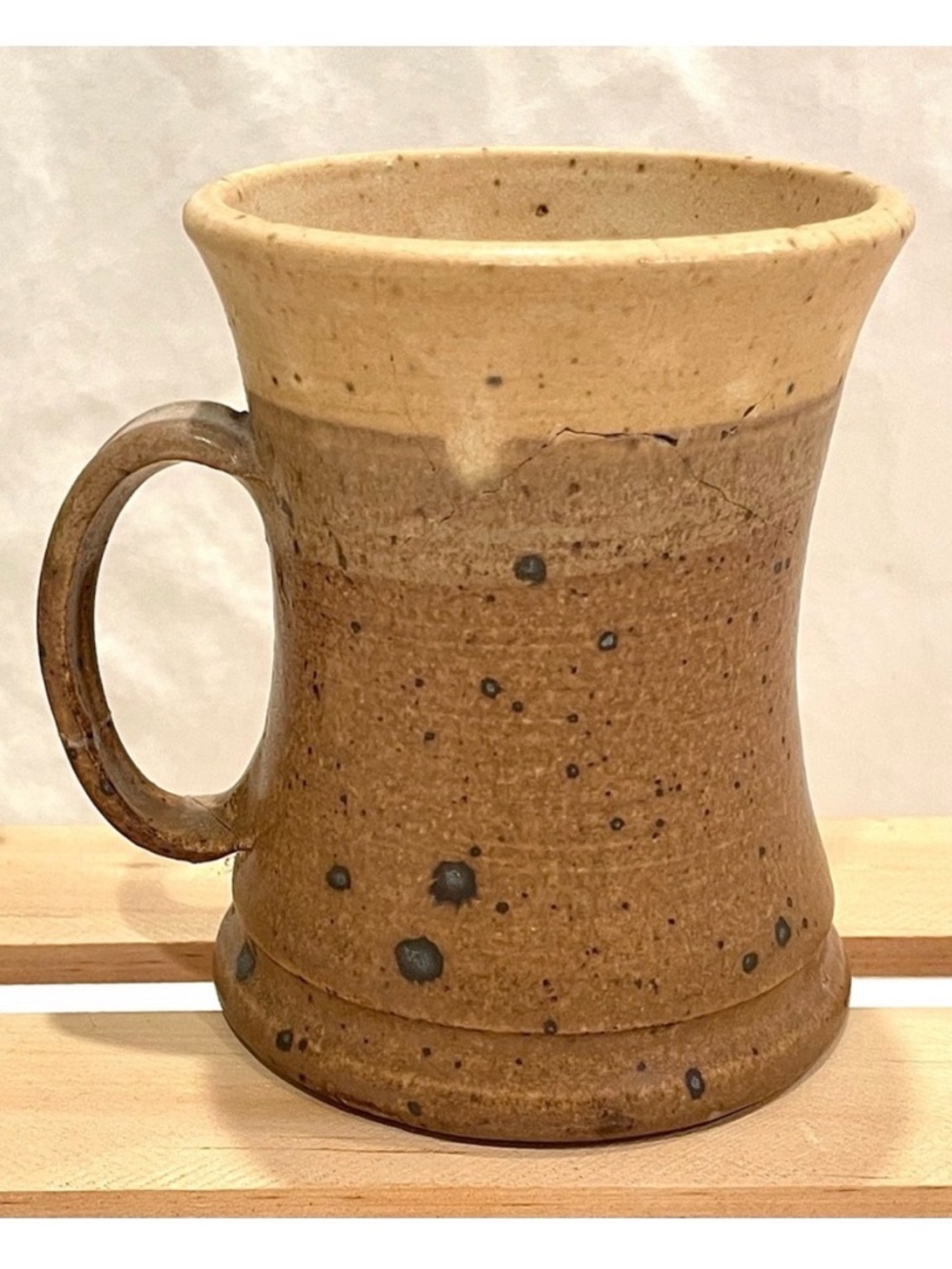 Hand Crafted Rustic Brown and Tan Ceramic Mug. Some crazing and Handle Repair.